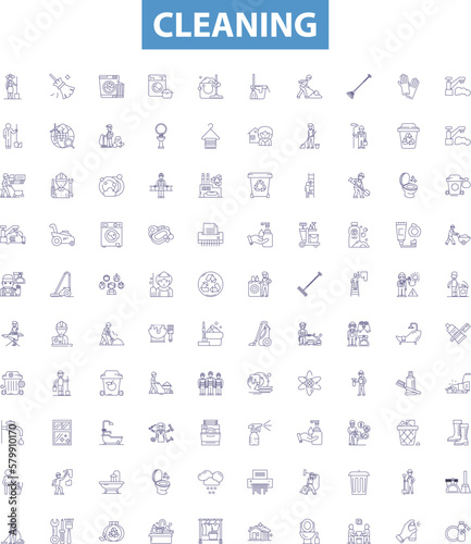 Cleaning line icons, signs set. Sanitize, Wash, Scrub, Sweep, Vacuum, Dust, Hoover, Mopping, Disinfect outline vector illustrations.