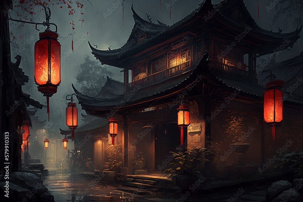 Ancient Chinese architecture, ancient town streets. AI technology generated image