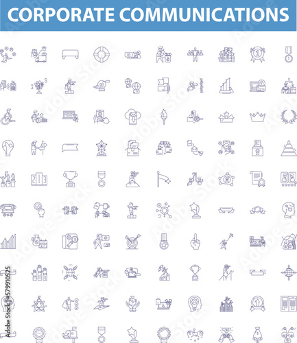 Corporate communications line icons, signs set. corporate, communications, strategy, marketing, branding, employee, information, media,public outline vector illustrations.