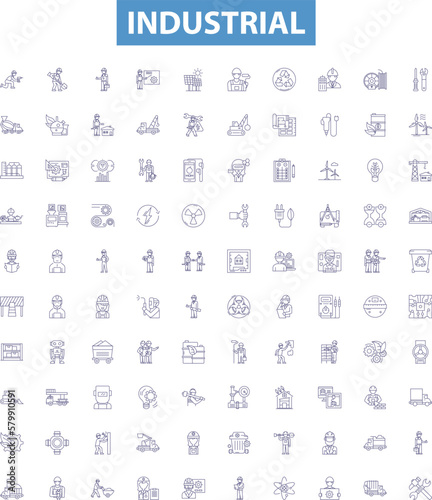 Industrial line icons, signs set. Factory, Manufacturing, Engineering, Automation, Construction, Machinery, Processing, Power, Textile outline vector illustrations.