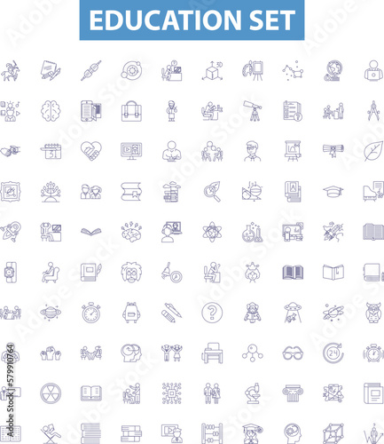 Education set line icons, signs set. Teaching, Learning, Schooling, Instruction, Courses, Classes, Training, Studies, Literacy outline vector illustrations.