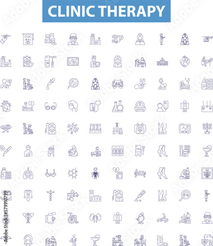 Clinic therapy line icons, signs set. Therapy, Clinic, Psychotherapy, Reiki, Counselling, Acupuncture, Naturopathy, Chiropractic, Reflexology outline vector illustrations.