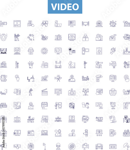 Video line icons, signs set. Movie, Clip, Film, Stream, YouTube, Broadcast, Recording, Broadcasted, Tutorial outline vector illustrations.