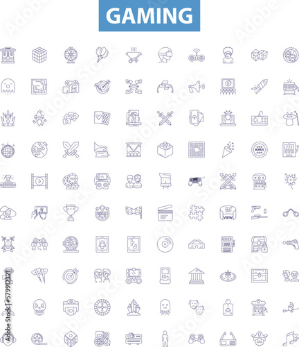 Gaming line icons, signs set. Gaming, Video, Console, eSports, Online, RPG, MMORPG, FPS, Simulation outline vector illustrations.