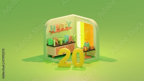 small 3D room with colorful 3D text that reads "happy birthday" and table with several gifts and presents. In the middle is 3D number representing the age 20. Perfect for printing birthday cards 