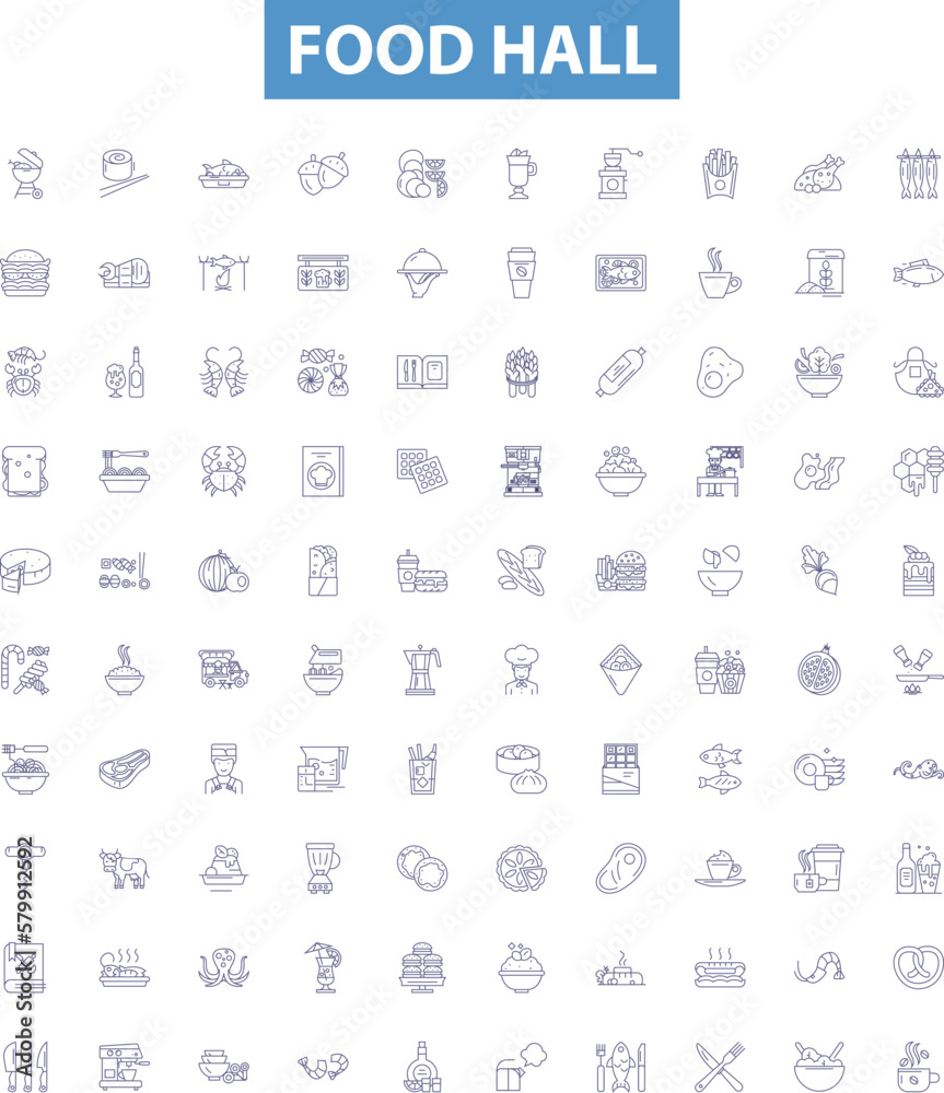 Food hall line icons, signs set. Cafeteria, Delicatessen, Restaurant ...