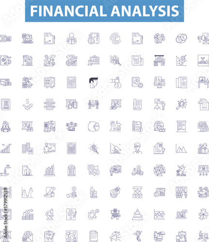 Financial analysis line icons, signs set. Budgeting, Forecasting, Ratios, Cashflow, Financing, Profitability, Liquidity, Accounting, Assets outline vector illustrations.