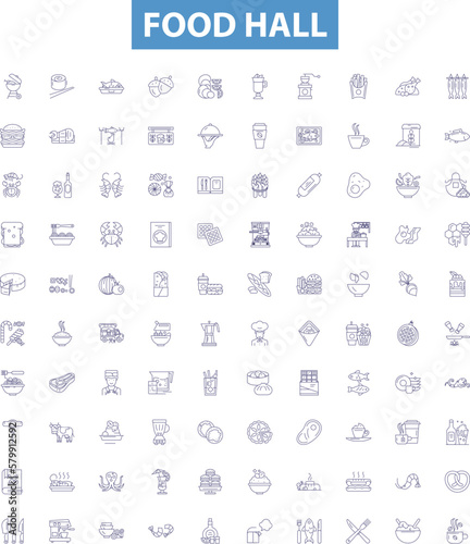 Food hall line icons, signs set. Cafeteria, Delicatessen, Restaurant, Bistro, Eatery, Stall, Cuisine, Deli, Canteen outline vector illustrations.