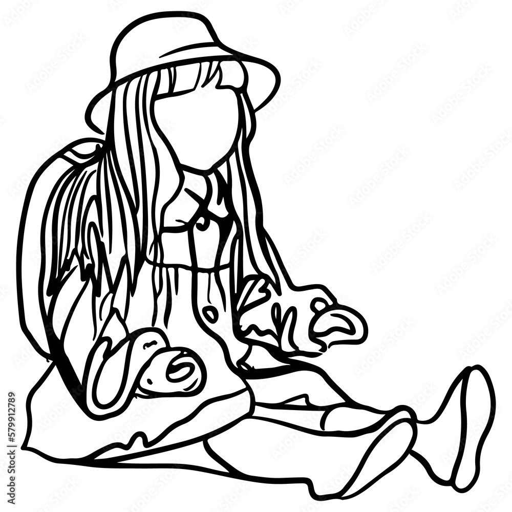 Young girl with backpack, Back to school concept line art. Young girl with backpack, Back to school concept line art.