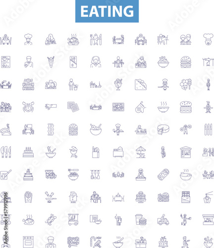 Eating line icons, signs set. Munching, Scoffing, Chewing, Binging, Nourishing, Nibbling, Bolting, Savouring, Gorging outline vector illustrations.
