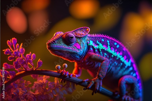 Color changing color gradient chameleon, strong neon glow in 8K created with generative ai technology