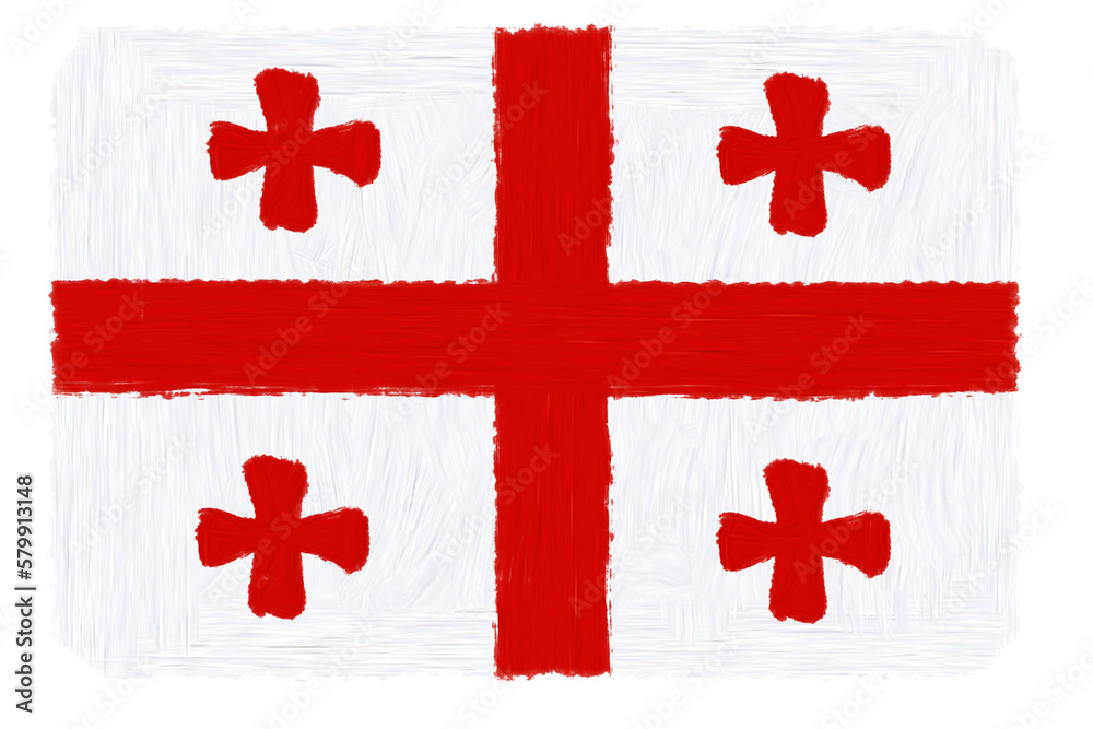 Obraz premium Painting of the Georgian flag with visible brush strokes. Red crosses on a white background, textured and artistic