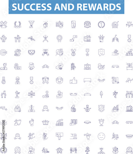 Success and rewards line icons, signs set. Achievement, Triumph, Honor, Profit, Riches, Gain, Prudence, Merit, Remuneration outline vector illustrations.