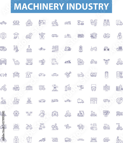 Machinery industry line icons, signs set. Machinery, Industry, Engineering, Manufacturing, Production, CNC, Robotics, Automation, Parts outline vector illustrations.