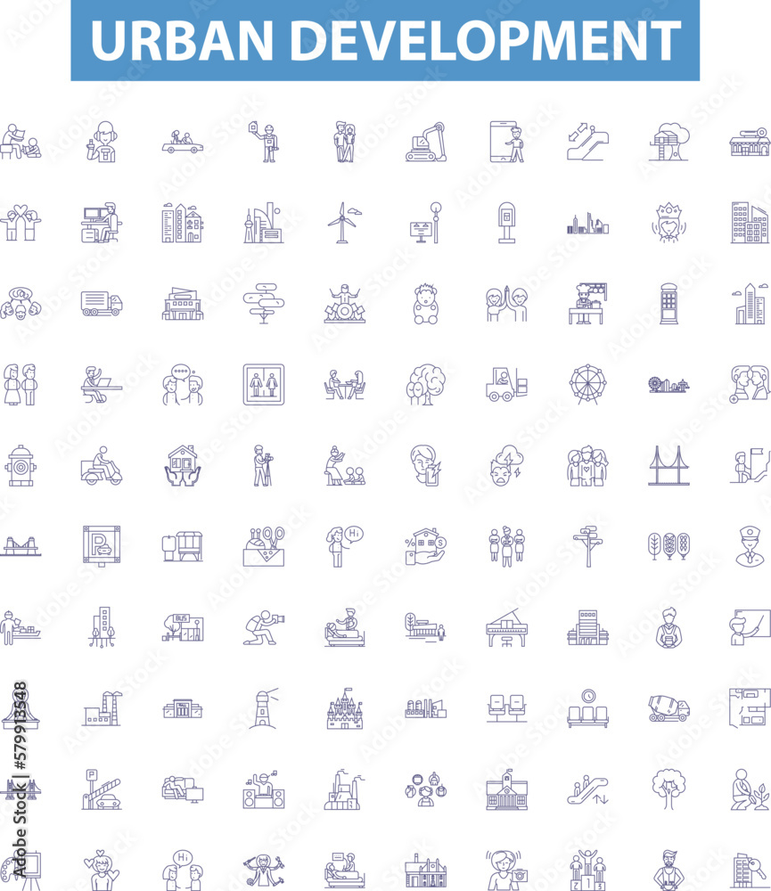 Urban development line icons, signs set. , Urbanization, Planning, Infrastructure, Transportation, Neighborhoods, Growth, Gentrification, Sustainability outline vector illustrations.