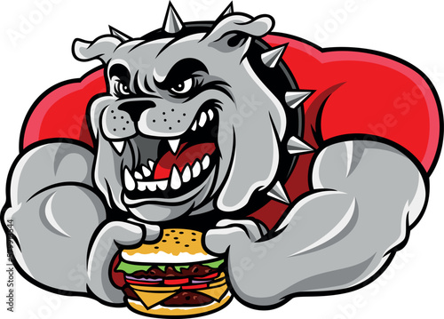 An Aggressive Bulldog Holding a Big Hamburger