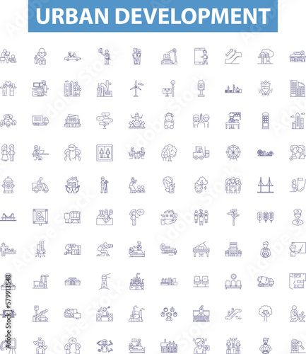 Obraz na płótnie Urban development line icons, signs set. , Urbanization, Planning, Infrastructure, Transportation, Neighborhoods, Growth, Gentrification, Sustainability outline vector illustrations. w salonie