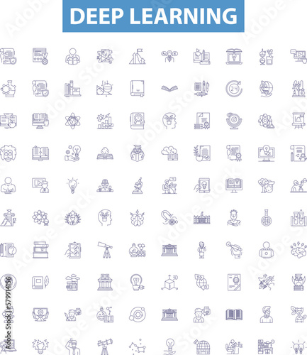 Deep learning line icons, signs set. Deep learning, Neural networks, Machine learning, Backpropagation, CNN, NLP, AI, Reinforcement learning, Automation outline vector illustrations. photo