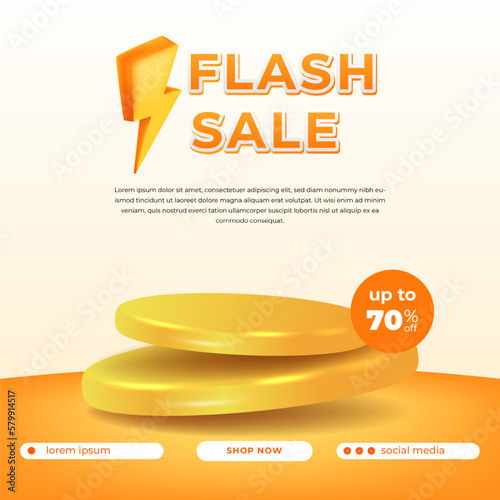 flash sale offer banner with 3d thunder bolt and podium stage product display for social media marketing discount promotion