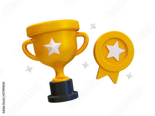 3d minimal sport tournament cup. sport competition award. football Trophy winner. Trophy with a gold medal. 3d rendering illustration. photo