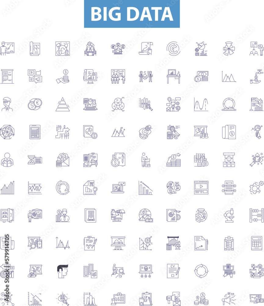 Big data line icons, signs set. Analytics, Storage, Predictive, Mining, Hadoop, Cloud, AI, Processing, Streaming outline vector illustrations.