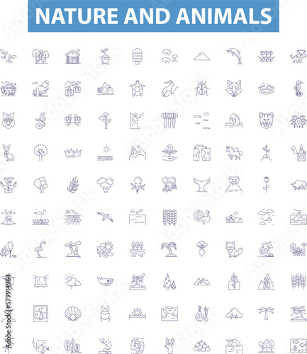 Nature and animals line icons, signs set. Nature, Animals, Fauna, Flora, Wildlife, Habitat, Ecosystem, Birds, Mammals outline vector illustrations.