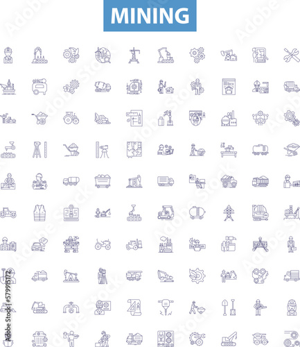 Mining line icons, signs set. Extracting, Digging, Unearthing, Uncovering, Drilling, Essaying, Quarrying, Panning, Smelting outline vector illustrations.