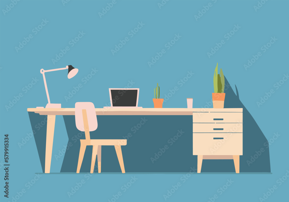 Fototapeta premium business office, minimalist, organized, workspace, table and chair, laptop and plants, lamp, flat design, pastel colors, blue background