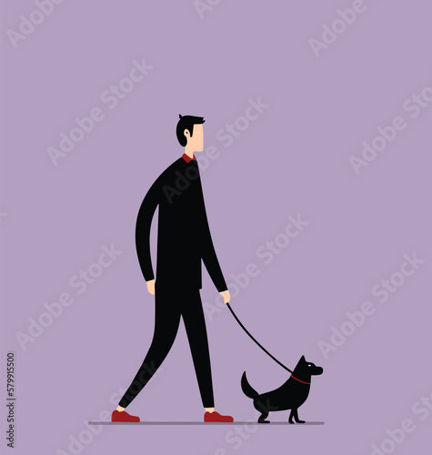 man in black walking a black dog, flat design illustration, pastel colors, minimalist, lilac background