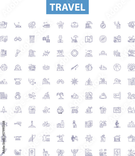 Travel outline icons collection. Trip, Tour, Journey, Voyage, Explore, Vacation, Fly vector illustration set. Adventure, Sightsee, Road Trip line signs