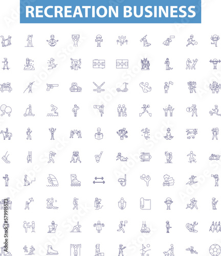 Recreation business line icons, signs set. Recreation, Entertainment, Amusement, Sports, Leisure, Adventure, Outdoor, Gaming, Vacations outline vector illustrations.