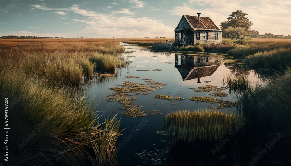 Fototapeta premium Life down by the marshland unsplash lake in the morning Generative AI