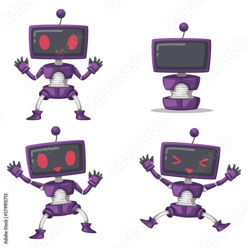 Set of android character robot toy cartoon style futuristic machine for home use.