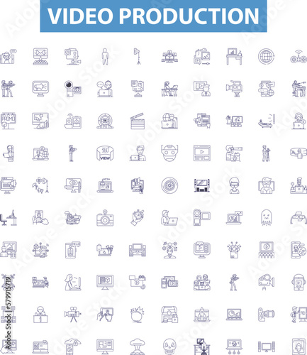 Video production line icons, signs set. Cinematography, Filming, Editing, Animating, Directing, Sound Effects, Music, Lighting, Visual Effects outline vector illustrations.