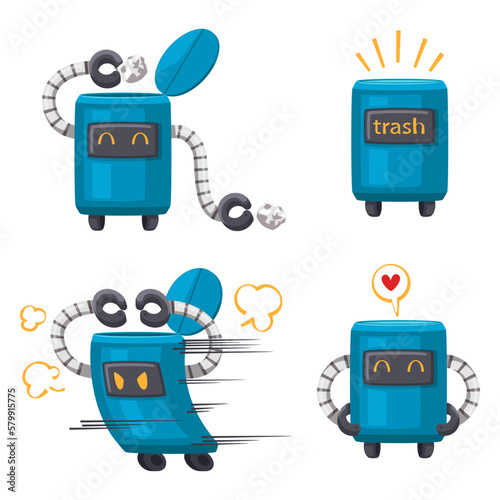 Set of android character robot cleaning cartoon style futuristic machine for home use.