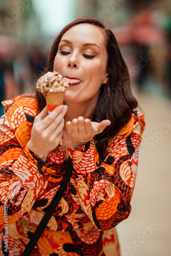 beautiful girl eating ice cream 