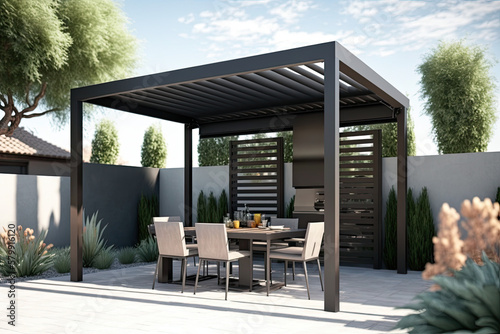 Fotografia Modern patio furniture include a pergola shade structure, an awning, a patio roo