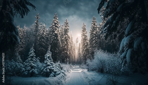 Winter wonderland in the woods unsplash Generative AI