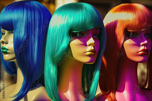 Colorful Lady Wigs in Store. Photo generative AI photo