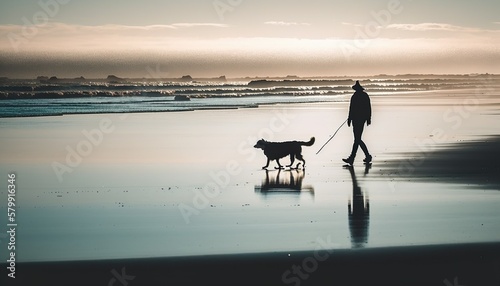 A person walking their dog along the beach unsplash sunset on the beach Generative AI