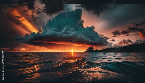 A dramatic sunset over the water unsplash sunset on the beach Generative AI