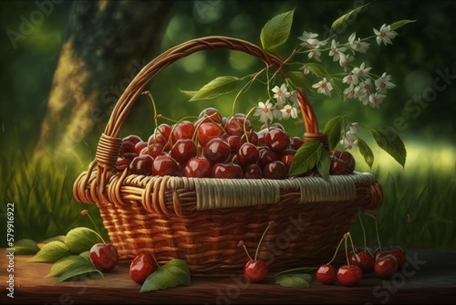 A wicker basket with cherries in spring as a digital illustration (Generative AI)