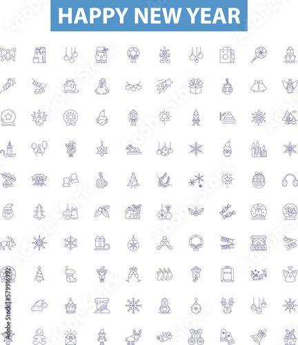 Happy new year line icons, signs set. Glad, Joyous, Cheerful, Merry, Festive, Blessing, Jubilant, Optimistic, Delightful outline vector illustrations.