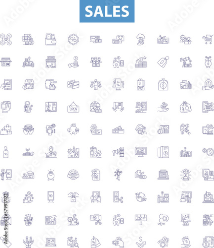 Sales line icons, signs set. Sales, Merchandising, Profits, Purchasing, Retailing, Marketability, Shipping, Advertising, Promotions outline vector illustrations.