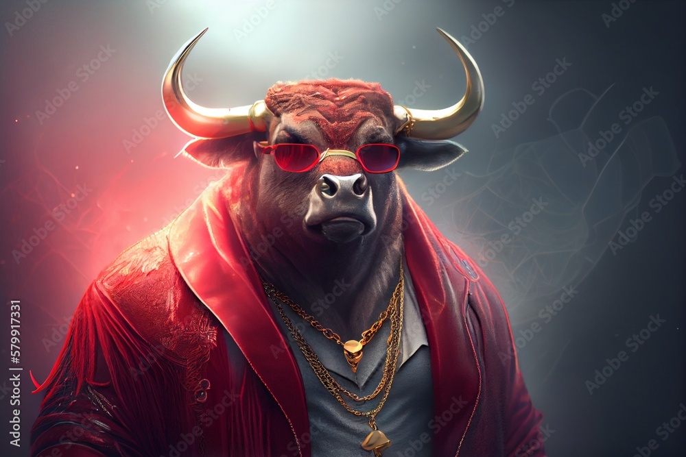A bull wearing a red jacket and sunglasses. Generative AI, Generative, AI