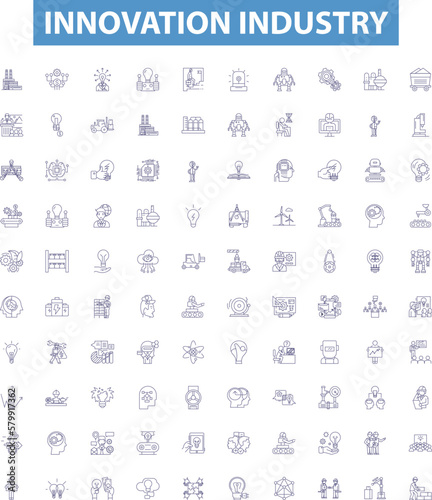 Innovation industry line icons, signs set. Innovators, Ideas, Technology, Creativity, Disruption, Start ups, Patents, R&D, Entrepreneurship outline vector illustrations.