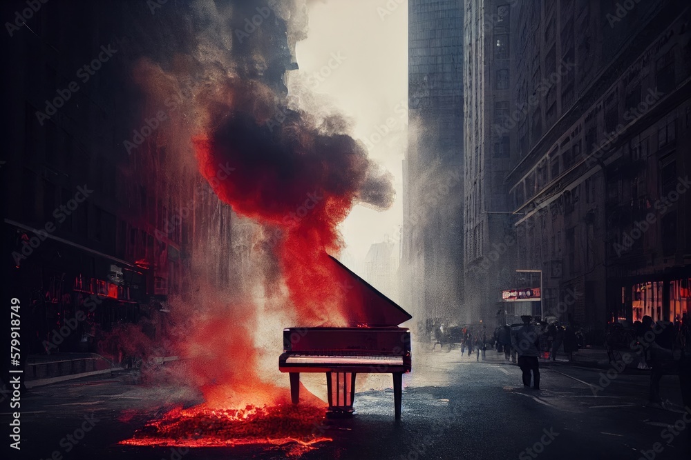 burning piano in the middle of the street. generative ai