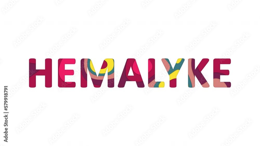 Multi-colored inscription Name of Gemstone HEMALYKE with colored spots floating inside. Looped from frame 120 to 839, Alpha BW at the end