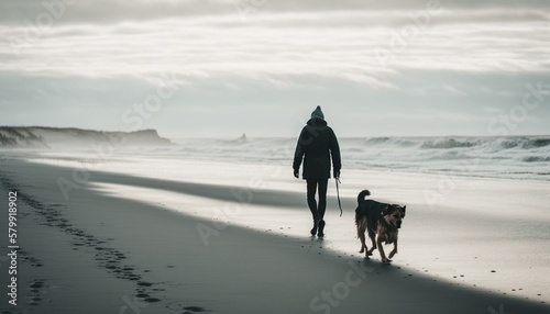 A person walking their dog along the beach unsplash horses on the beach Generative AI