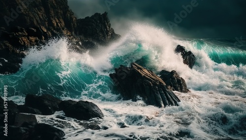 Waves crashing on a rocky shore unsplash Generative AI